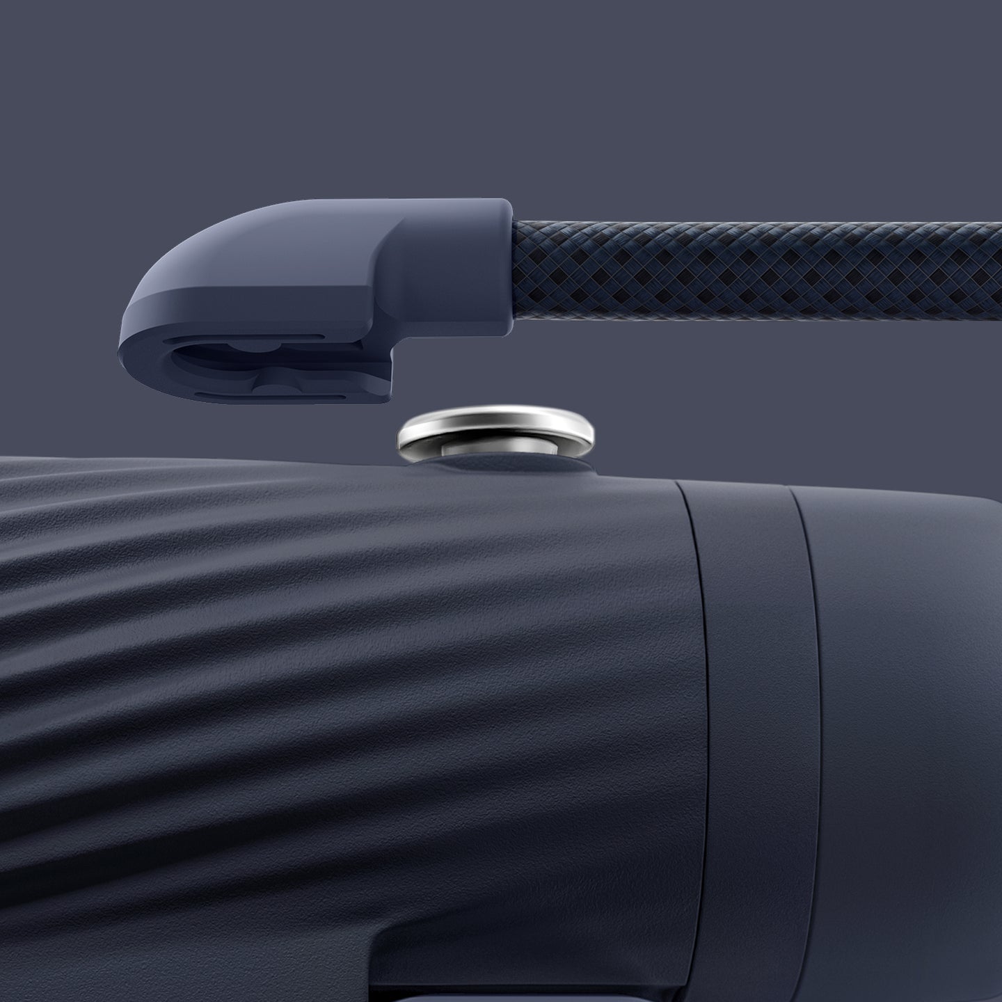 Close-up of a dark blue detachable strap on a matching background