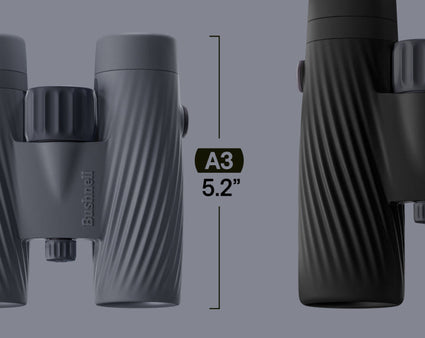Binoculars with measurement details on a gray background