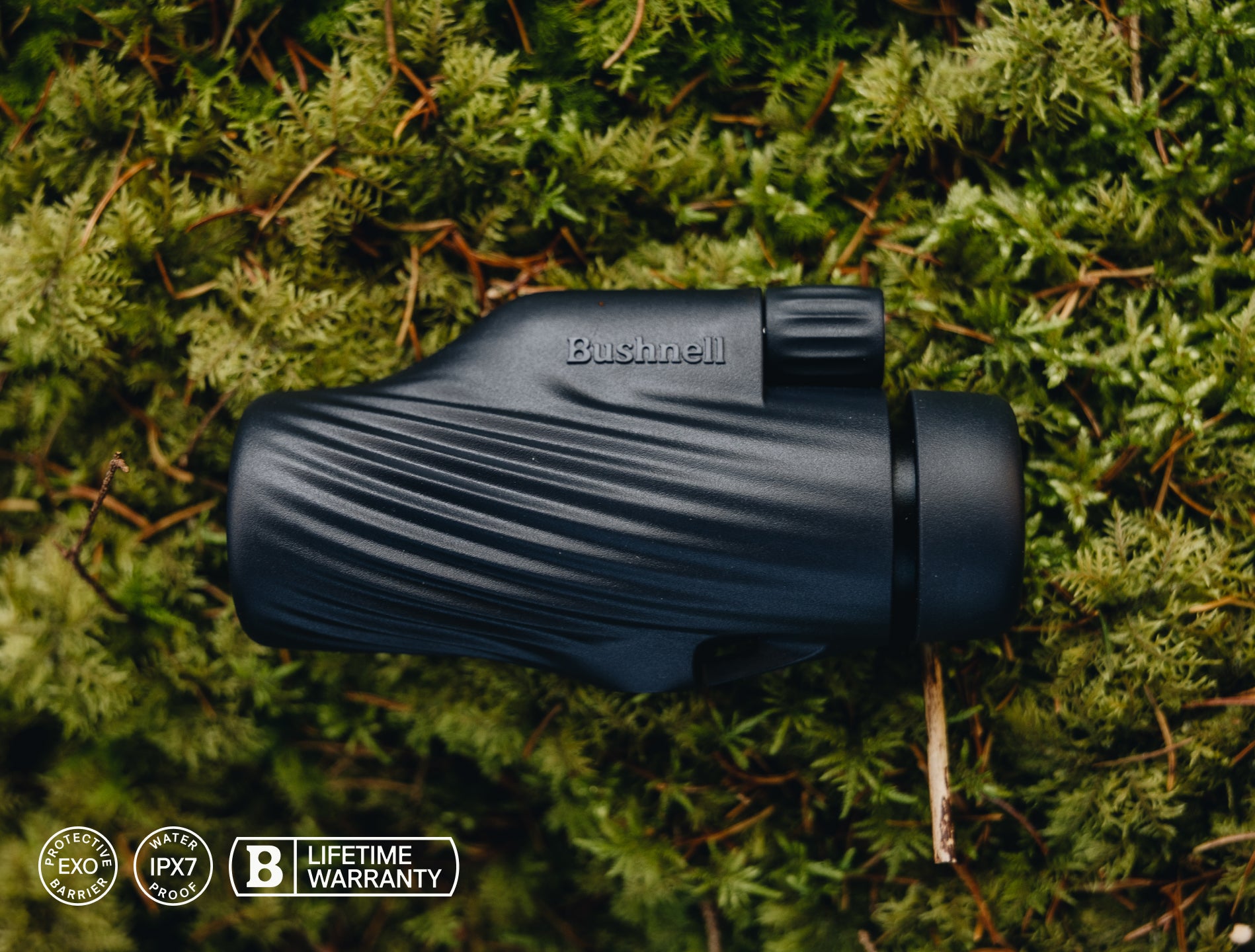 Black Bushnell binoculars on a green leafy background