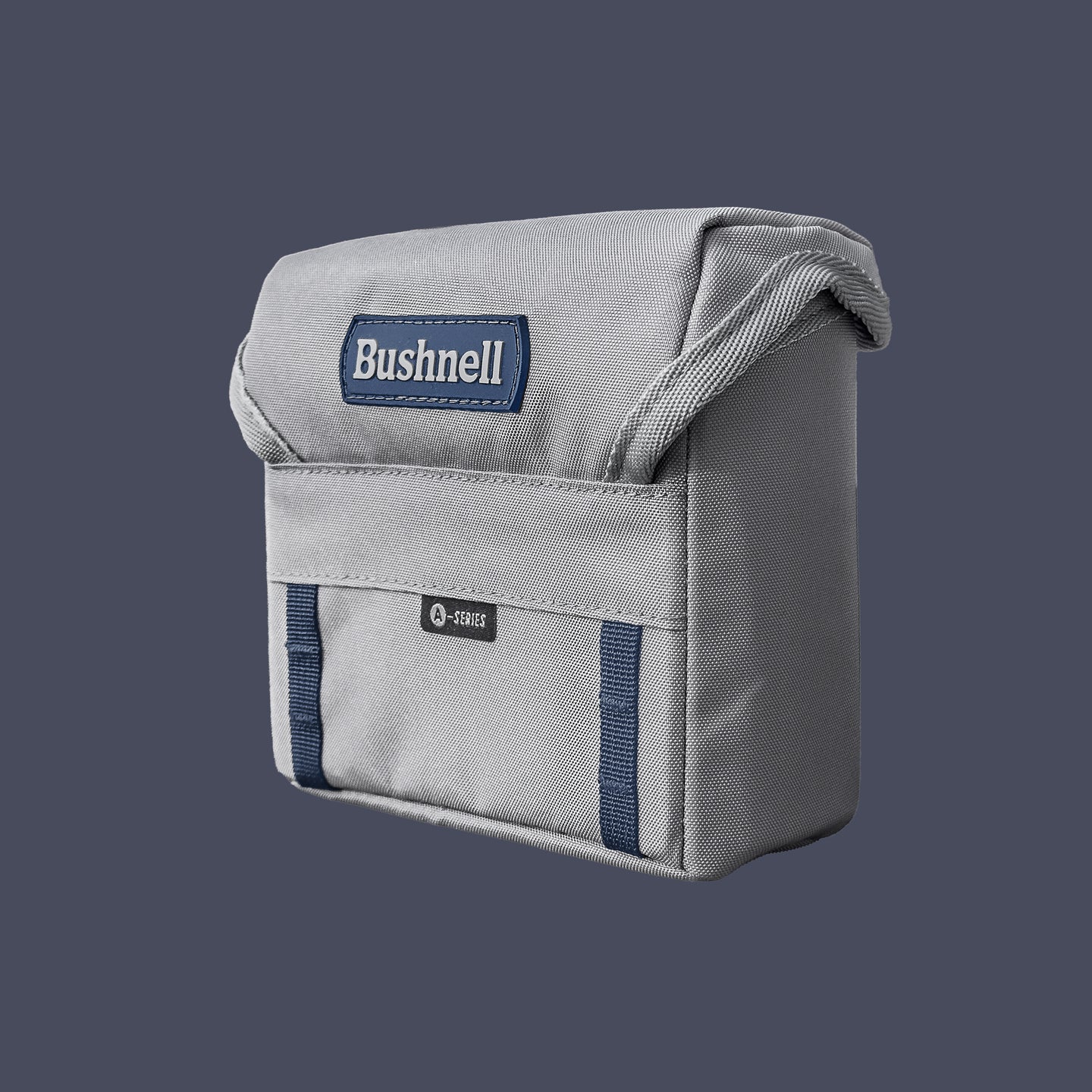 Gray A-Series pouch with Bushnell logo on a dark gray background