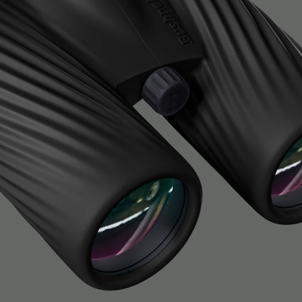 Close-up of a pair of black A5 binoculars on a transparent background