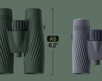 Two pairs of binoculars, one green and one gray, with measurements indicated on a transparent background.