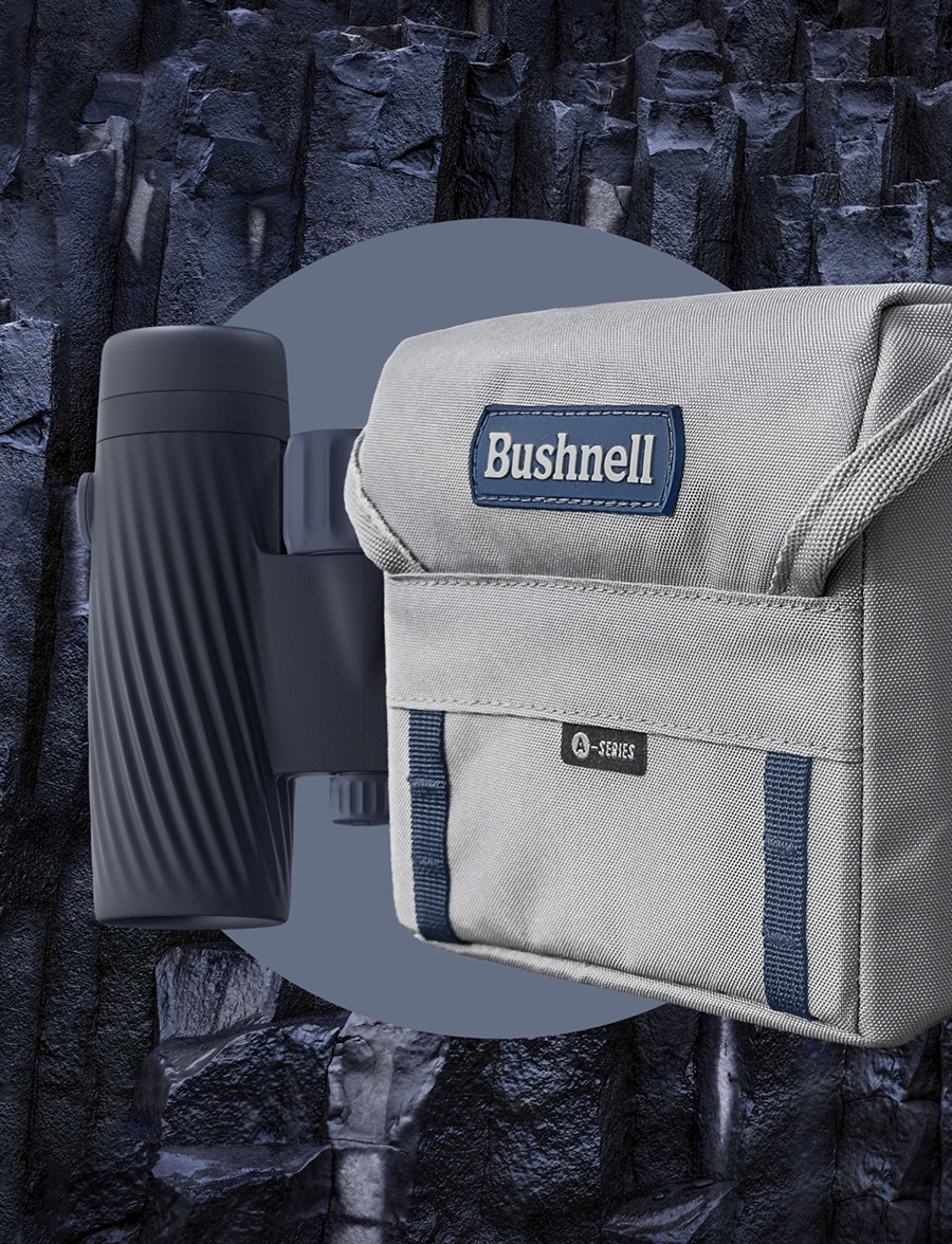 Binoculars with a carrying case on a rocky background