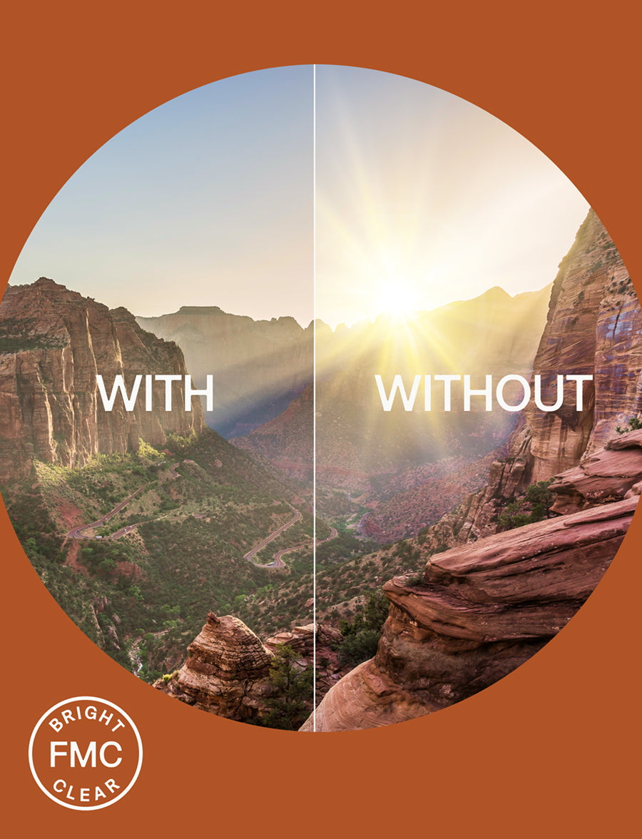 Comparison of landscape with and without filter on a brown background, featuring 'FMC' logo.