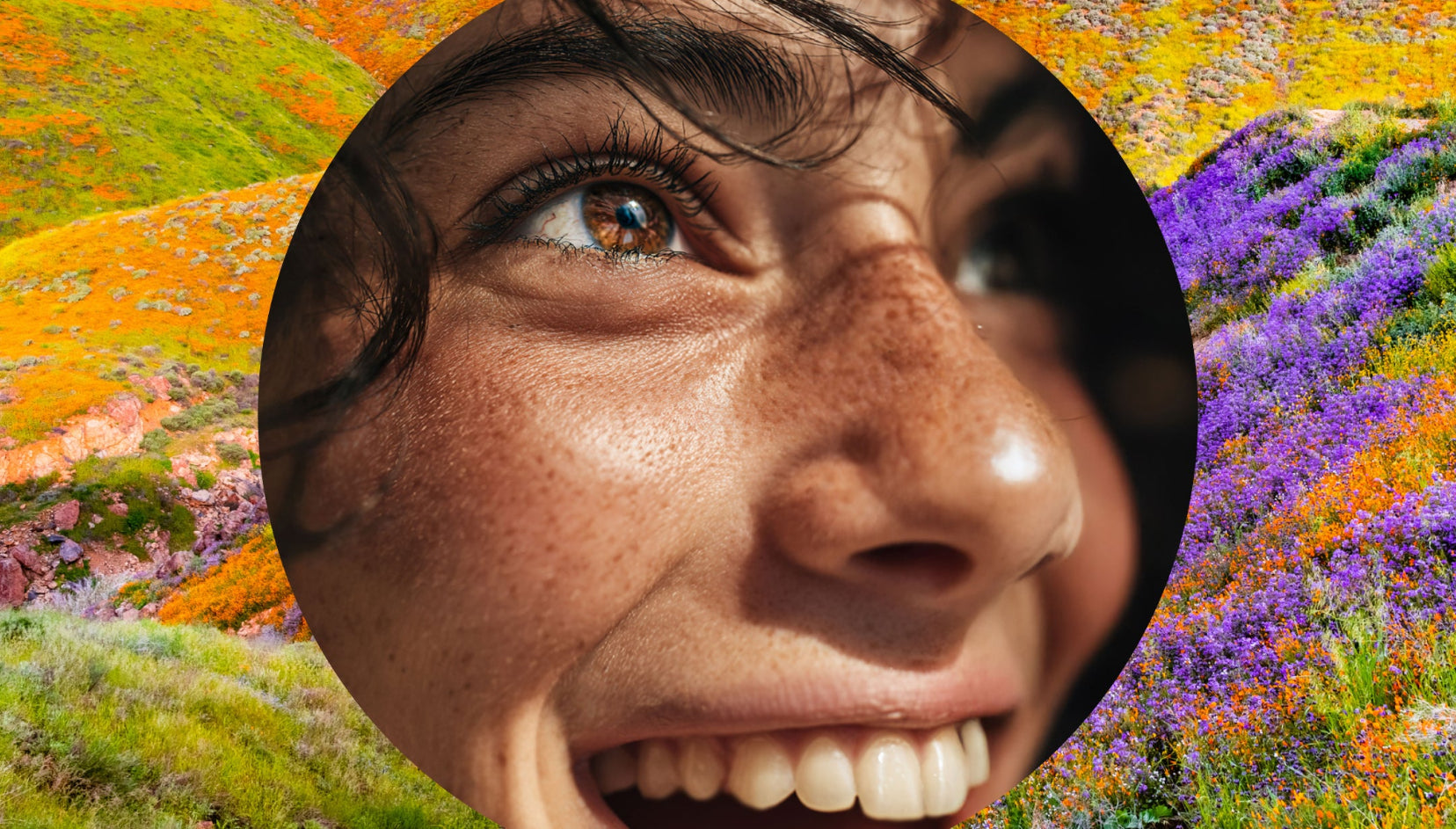 Close-up of a person's face with a colorful floral background