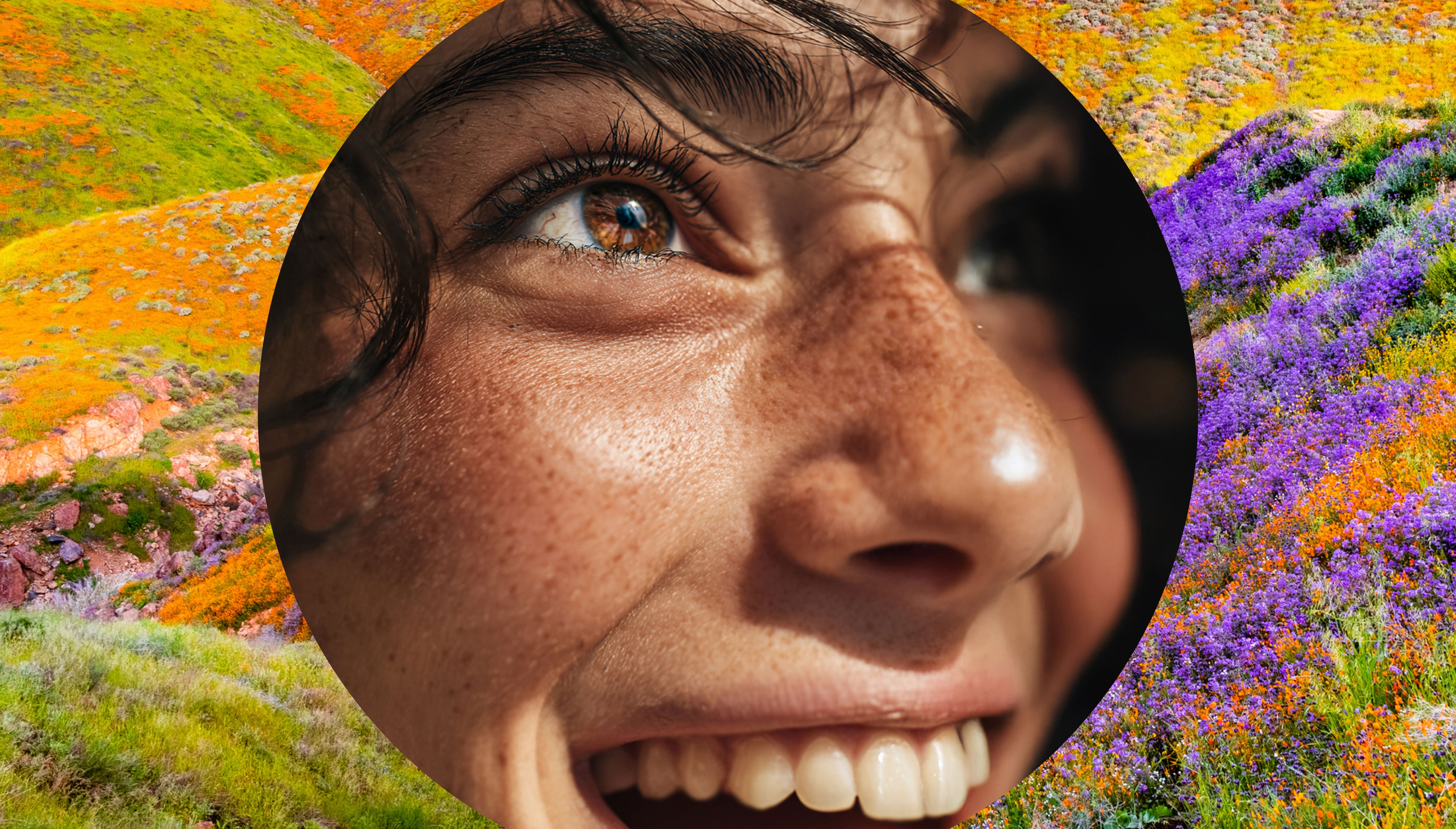 Close-up of a person's face with a colorful floral background