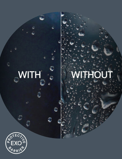 Comparison of water droplets on a surface with and without a protective EXO barrier.
