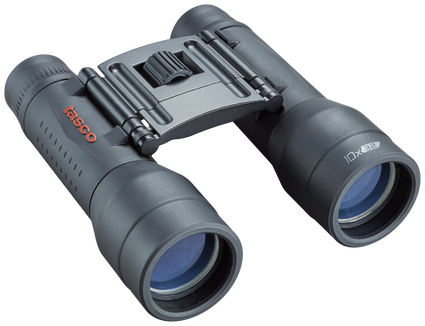 Front right view of black roof prism binoculars with red Tasco logo and 10x32 in white on the right lens, set on a transparent background