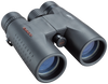 Front right view of black binoculars with red tasco logo on the left lens body and 8x42 in white on the right lens body, lens caps off