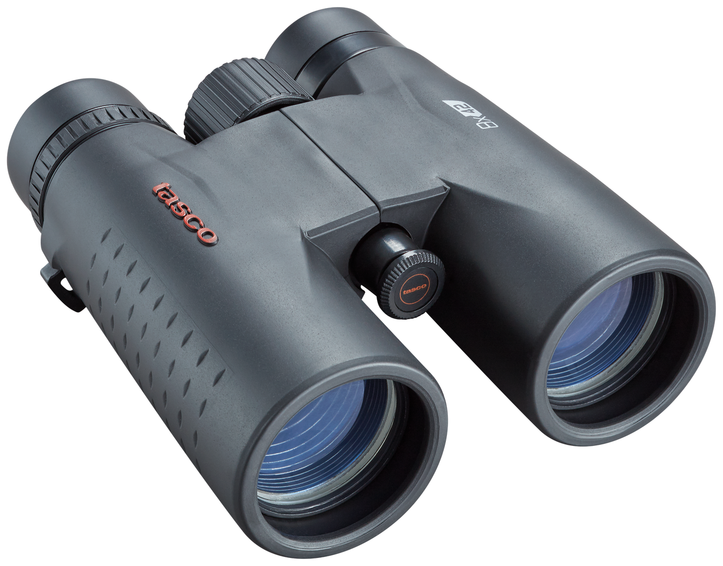 Front right view of black binoculars with red tasco logo on the left lens body and 8x42 in white on the right lens body, lens caps off