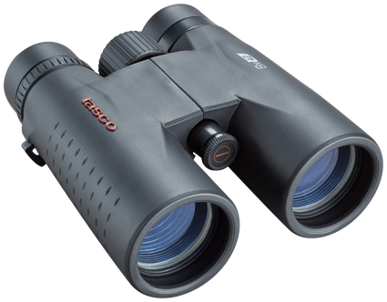 Front right view of black binoculars with red tasco logo on the left lens body and 8x42 in white on the right lens body, lens caps off