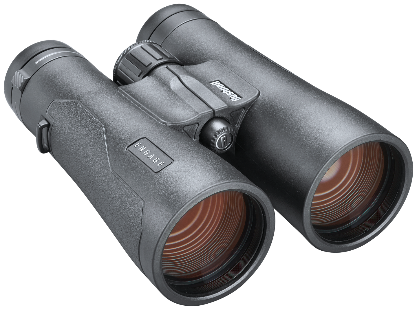 Front view of black Bushnell Engage binoculars on a transparent background