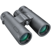 Front right view of black Bushnell Engage binoculars with lens caps off, set on a transparent background
