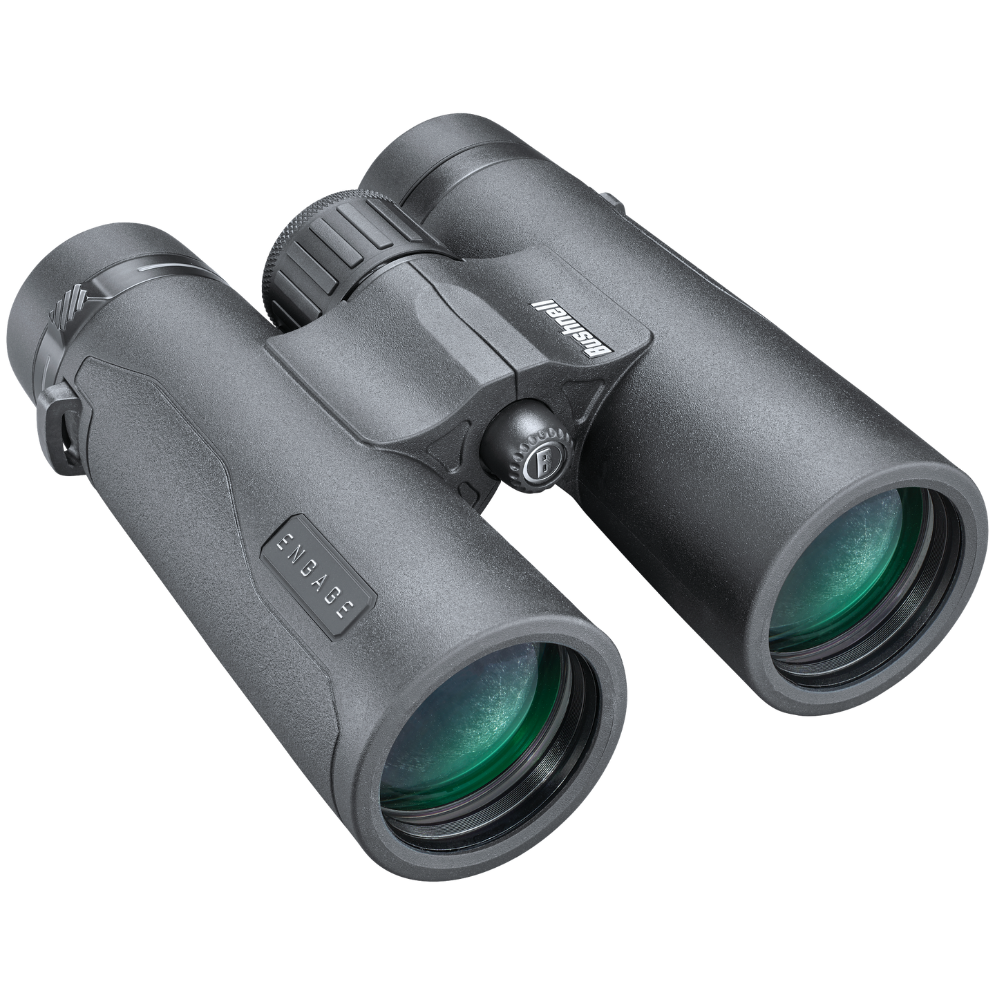Front right view of black Bushnell Engage binoculars with lens caps off, set on a transparent background