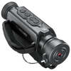 Front right view of Bushnell Equinox night vision monocular with lens cap on, set on a transparent background
