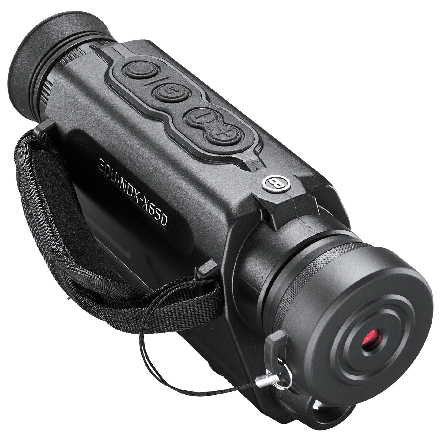 Front right view of Bushnell Equinox night vision monocular with lens cap on, set on a transparent background