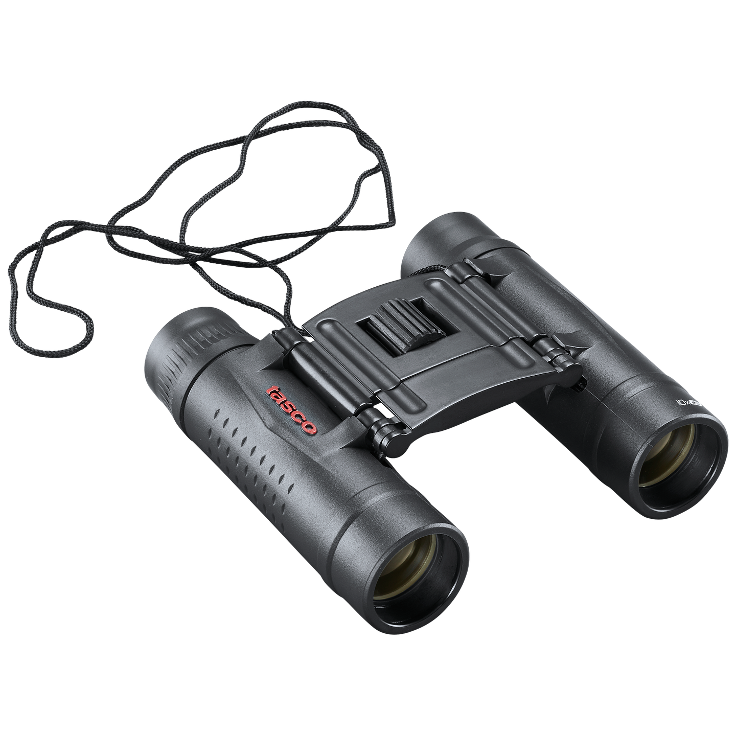 Front right view of black Essential binoculars with tasco logo in red on the left lens