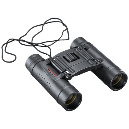 Front right view of black Essential binoculars with tasco logo in red on the left lens