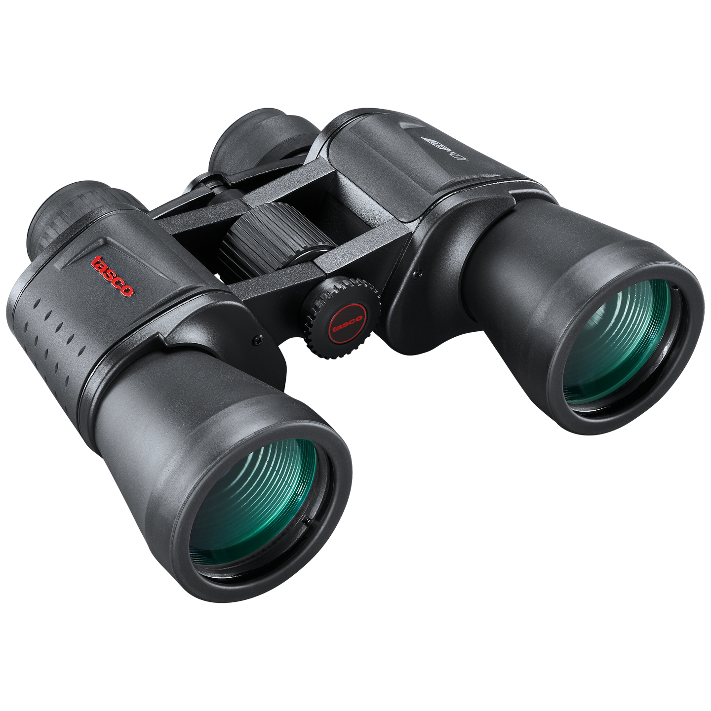 Front right view of black Essential binoculars with a red tasco logo on top of the left lens 