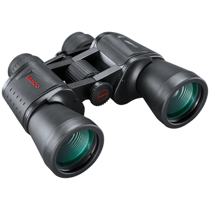 Front right view of black Essential binoculars with a red tasco logo on top of the left lens 
