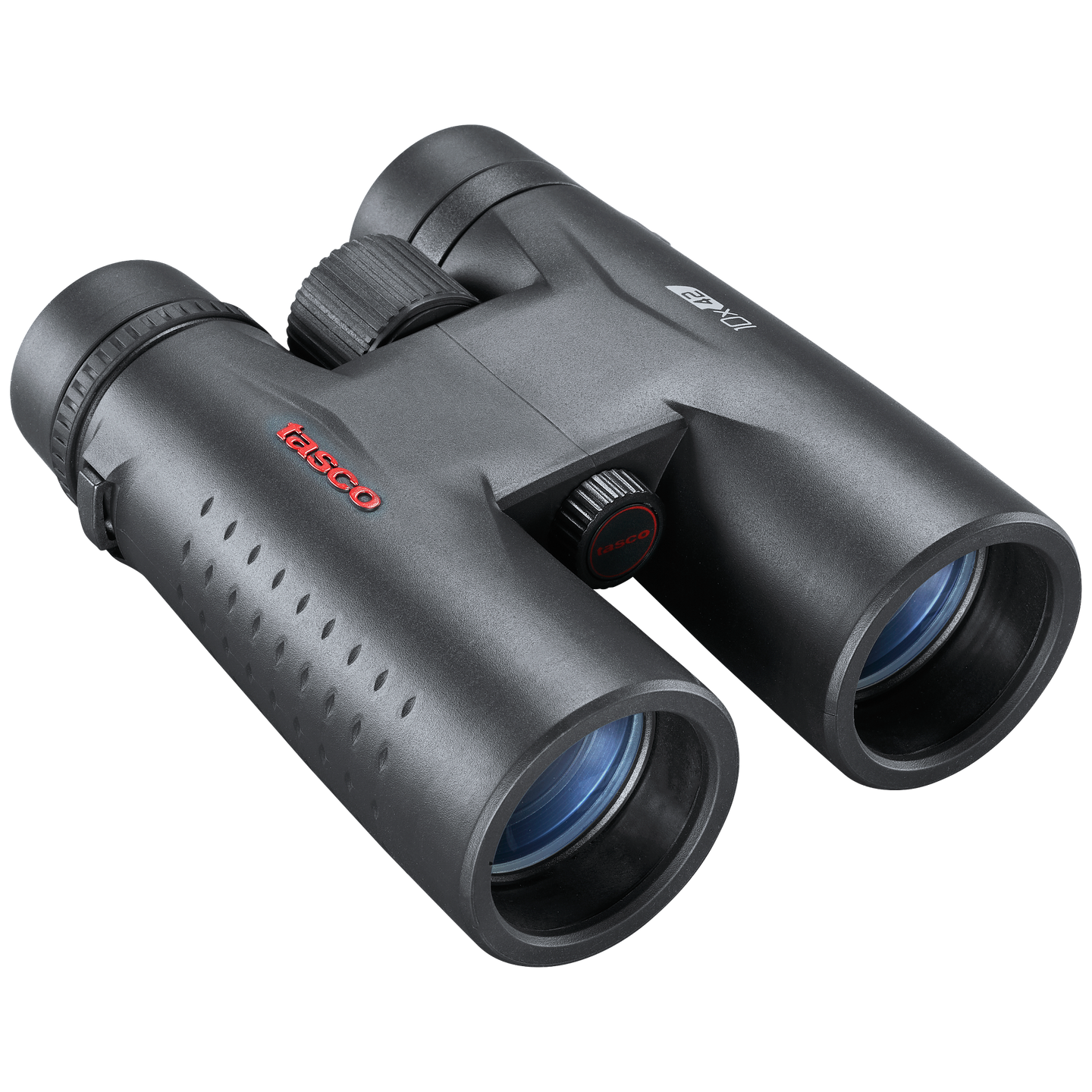 Black Essential binoculars with red tasco logo on the left lens and 10x42 in white on the right lens, set on a transparent background