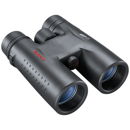 Black Essential binoculars with red tasco logo on the left lens and 10x42 in white on the right lens, set on a transparent background