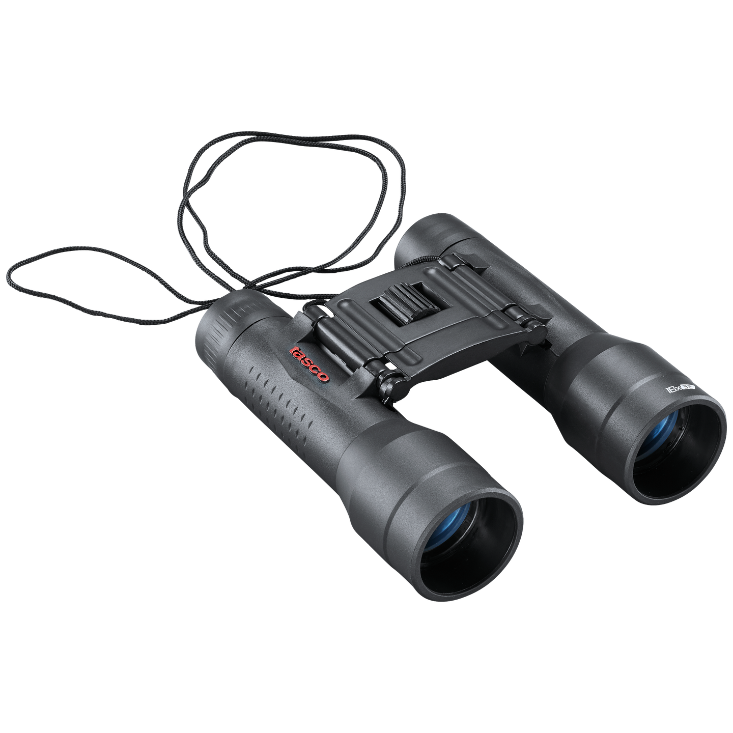 Front right view of Essential roof prism black binoculars with a red tasco logo on the left lens and the magnification 16x32 printed in white on the right lens