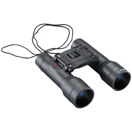 Front right view of Essential roof prism black binoculars with a red tasco logo on the left lens and the magnification 16x32 printed in white on the right lens