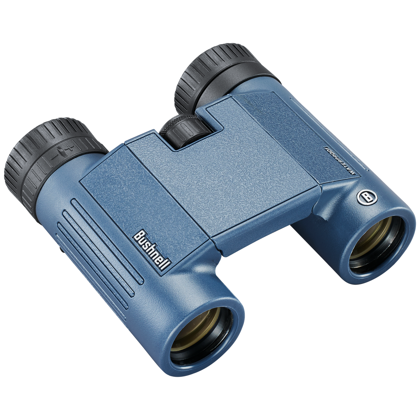 Blue Bushnell roof prism binoculars on a transparent background