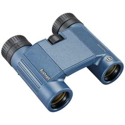 Blue Bushnell roof prism binoculars on a transparent background