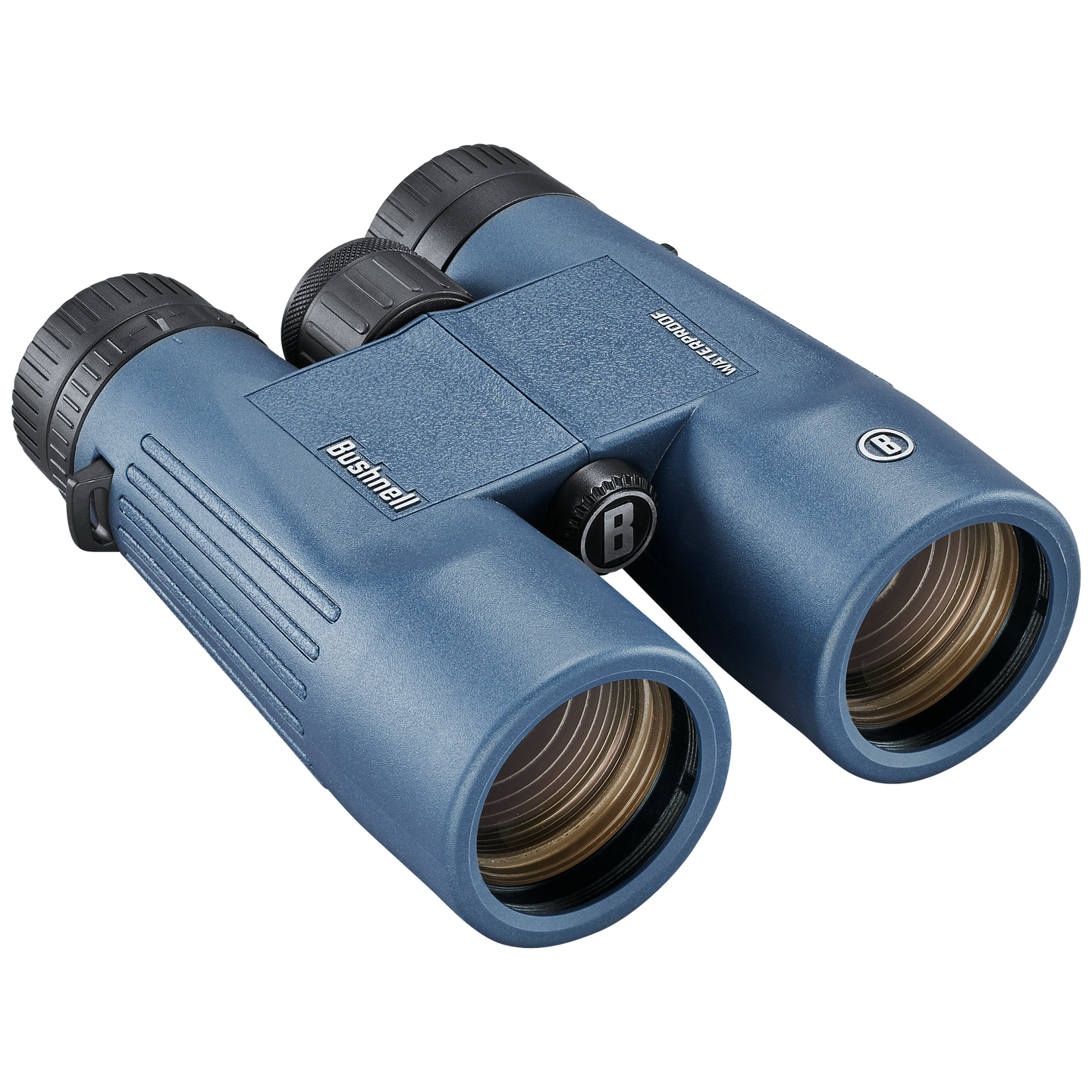 Blue Bushnell H20 binoculars on a transparent background