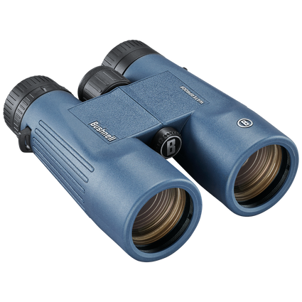 Blue Bushnell H20 binoculars on a transparent background