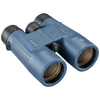 Front right view of blue Bushnell H2O binoculars with lens caps off, set on a transparent background.