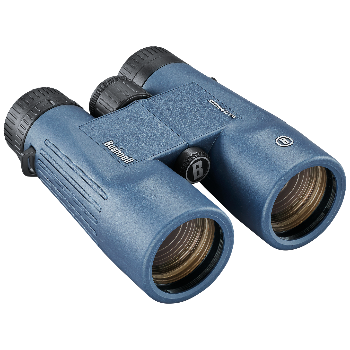 Front right view of blue Bushnell H2O binoculars with lens caps off, set on a transparent background.