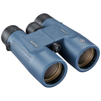 Front right view of blue Bushnell H2O binoculars with lens caps off, set on a transparent background.