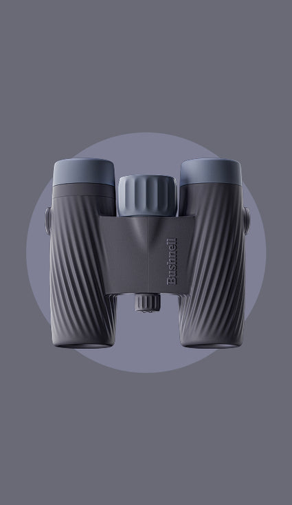Binoculars with a brand logo on a gray background