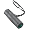 Front right view of a black monocular with red Tasco logo and black wrist strap on a transparent background