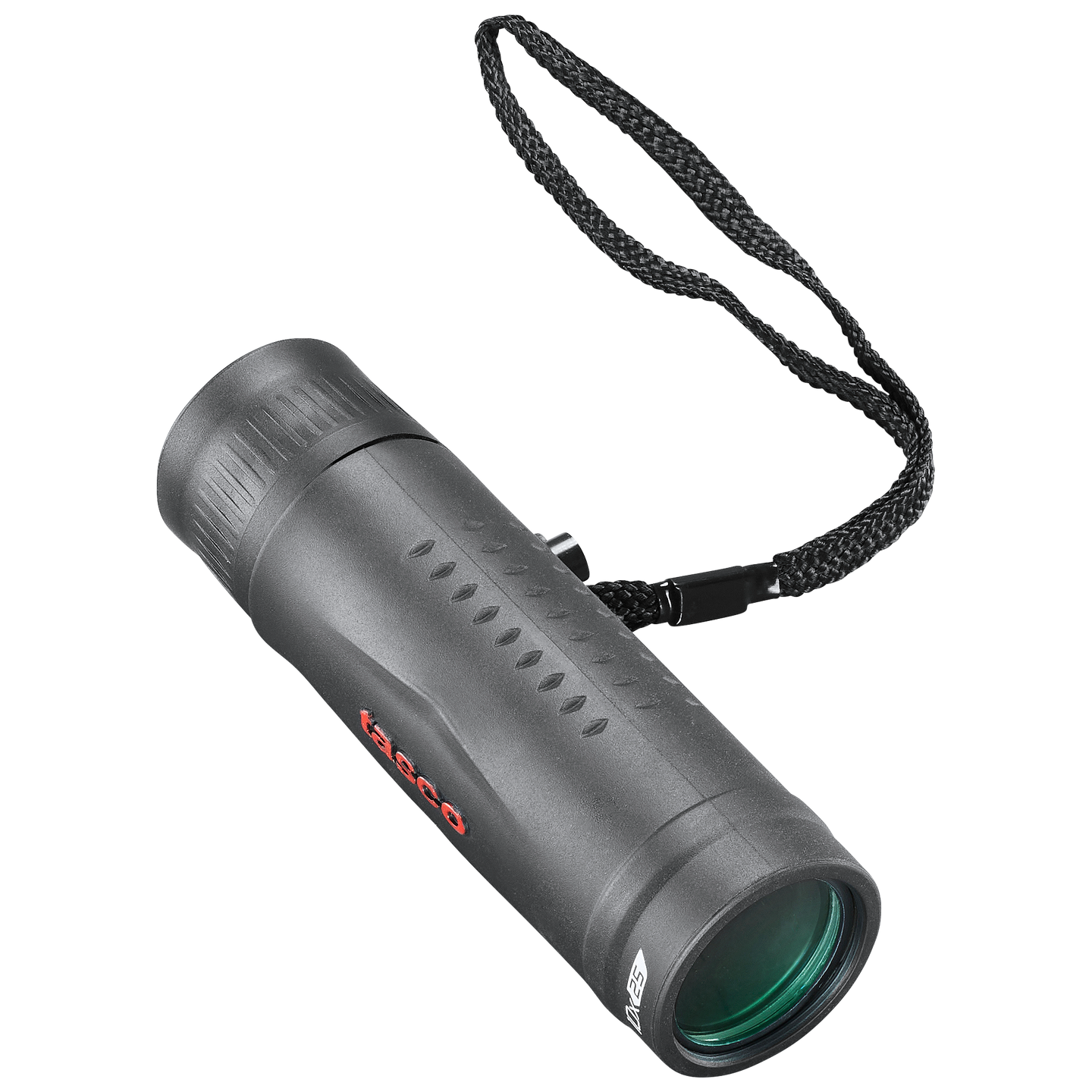 Front right view of a black monocular with red Tasco logo and black wrist strap on a transparent background