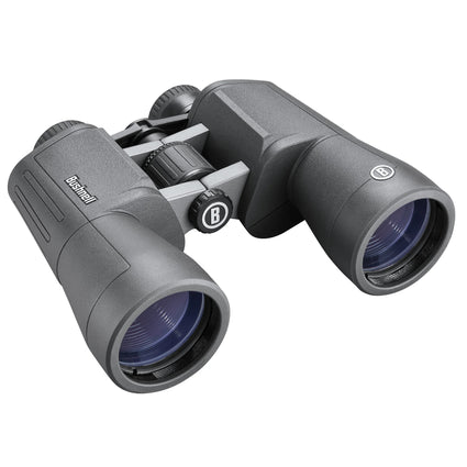 Front right view of black Bushnell Powerview binoculars on a white background