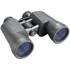 Front right view of black Bushnell PowerView 2 binoculars with no lens caps on a transparent background