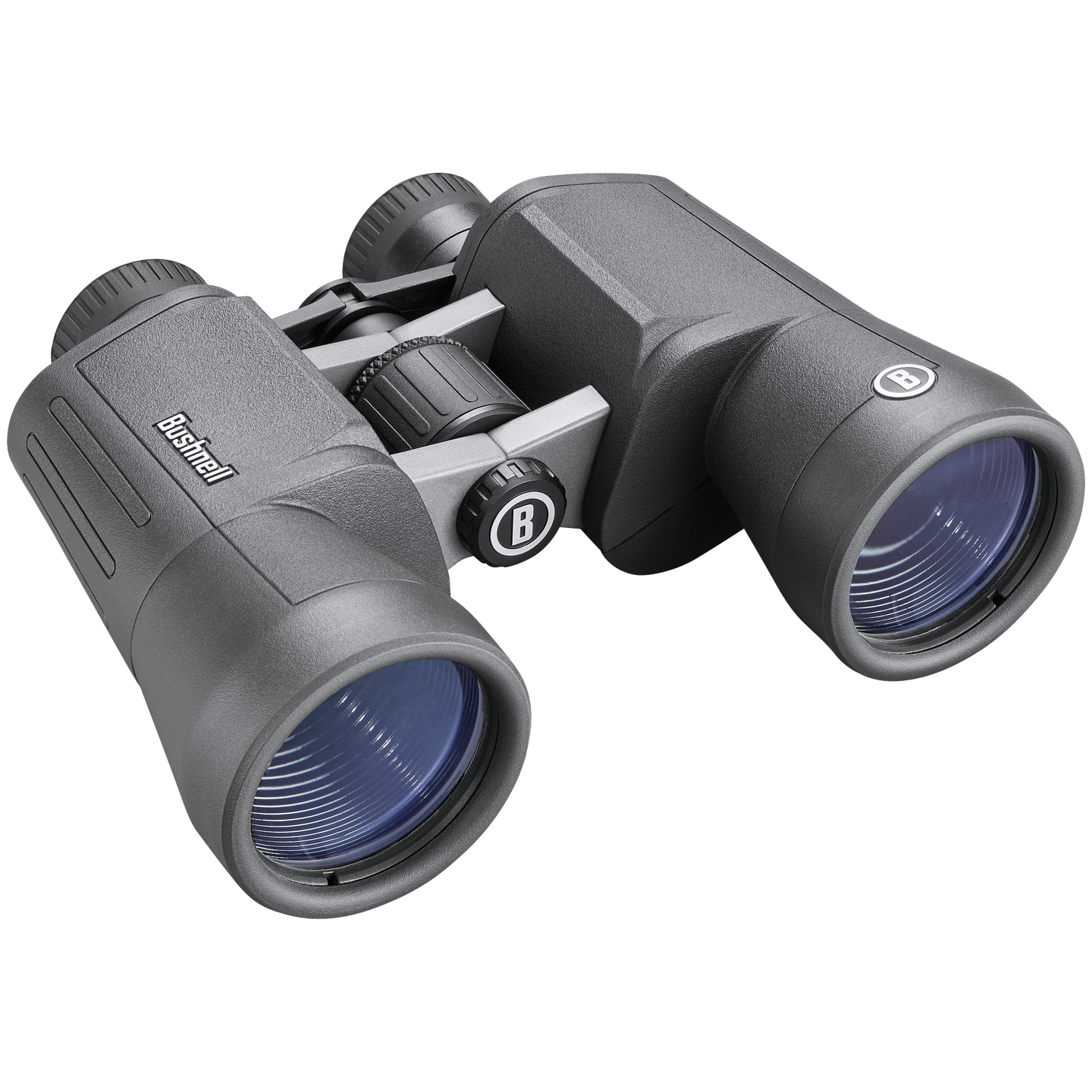 Front right view of black Bushnell PowerView 2 binoculars with no lens caps on a transparent background