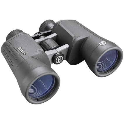 Front right view of black Bushnell PowerView 2 binoculars with no lens caps on a transparent background