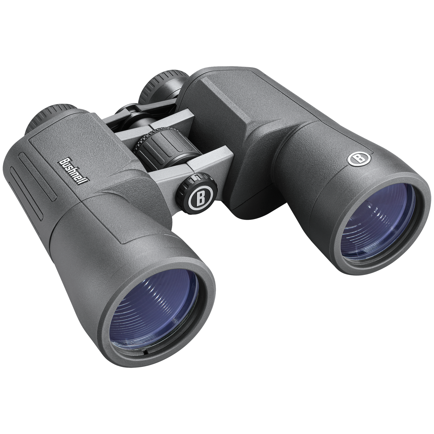 Front right view of black Bushnell PowerView 2 binoculars on a transparent background