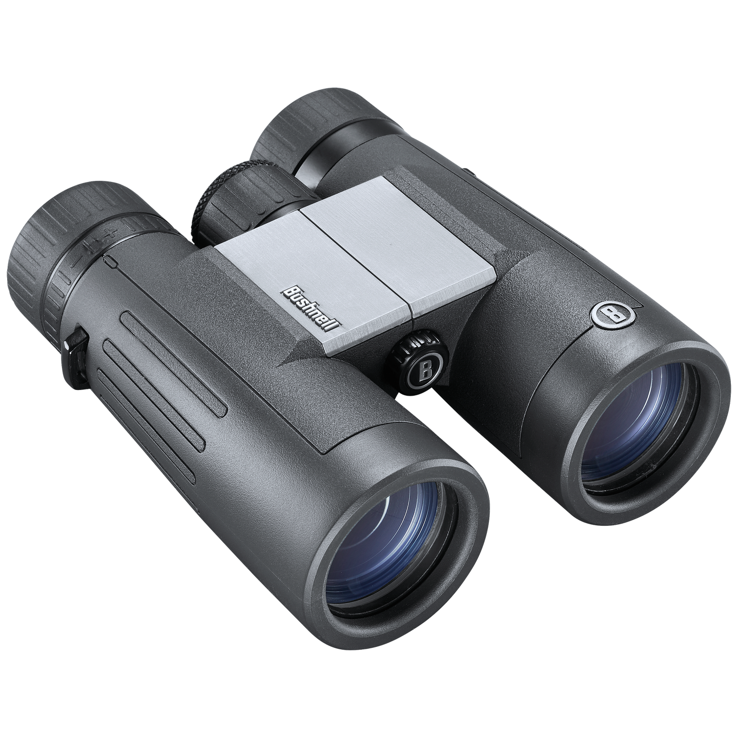 Front right view of black Bushnell Powerview 2 binoculars, set on a transparent background