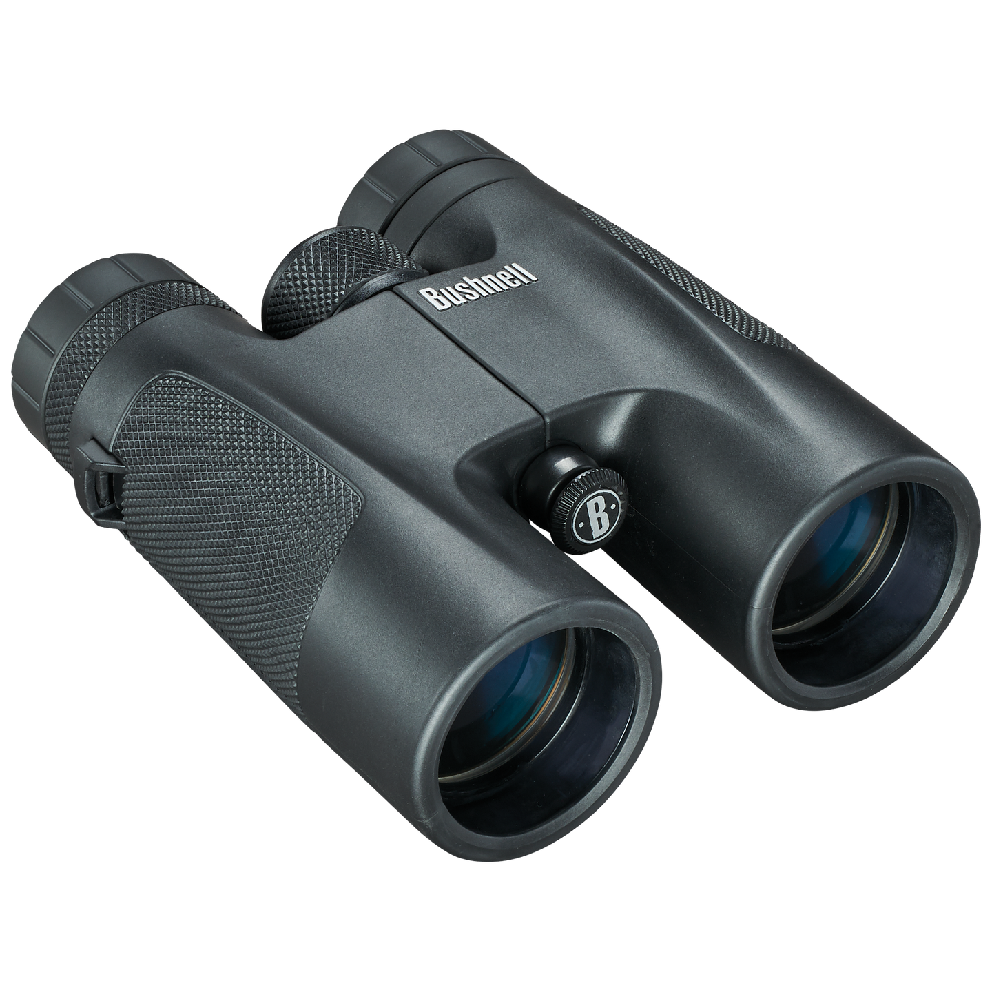 Front right view of Bushnel black Powerview binoculars on a transparent background