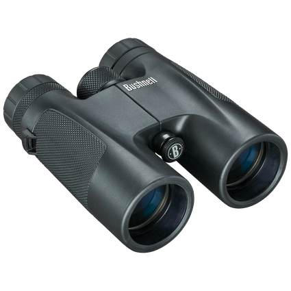 Front right view of Bushnel black Powerview binoculars on a transparent background