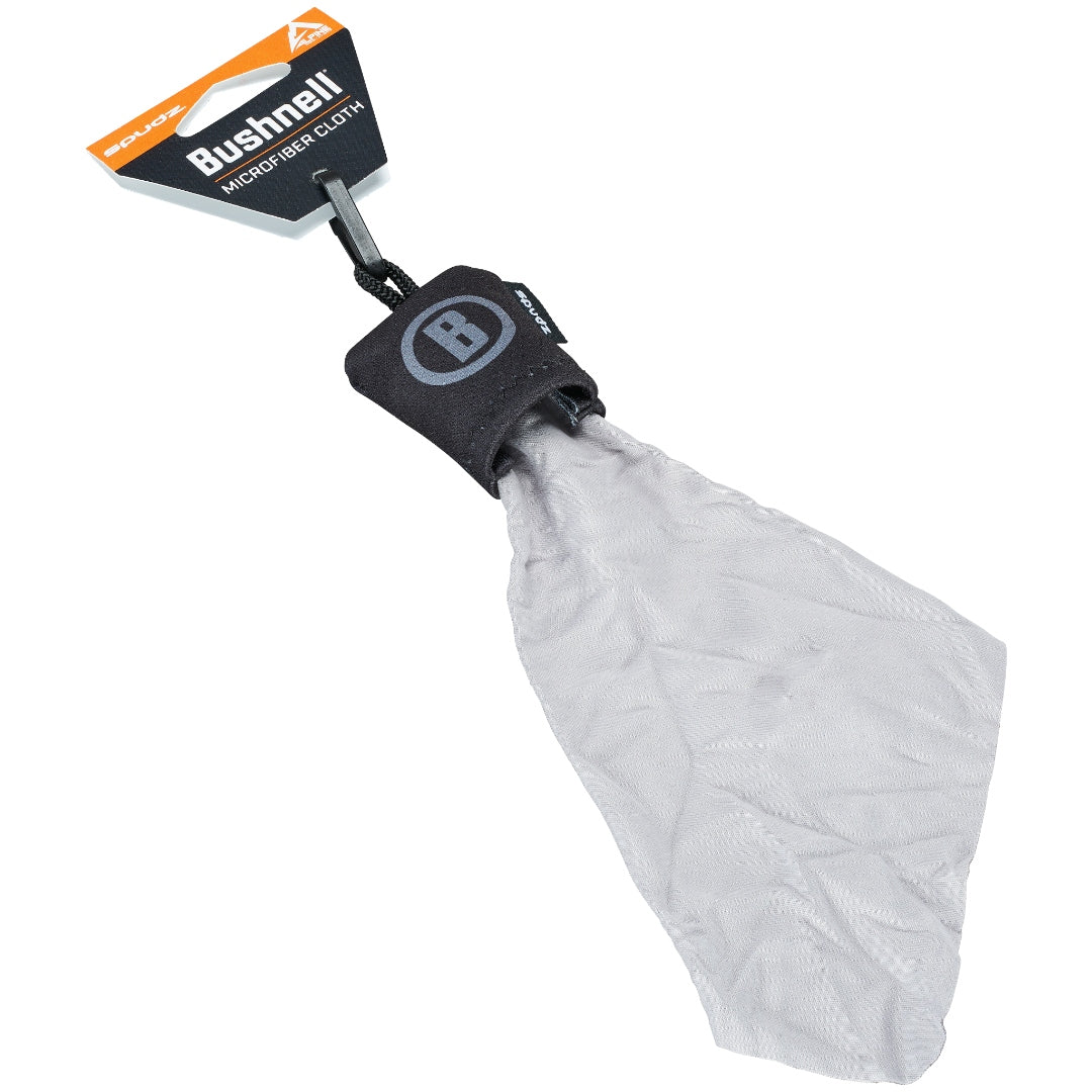 Microfiber cloth with a Bushnell logo on a white background