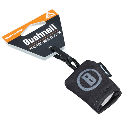 Black microfiber cloth with a Bushnell logo on a white background