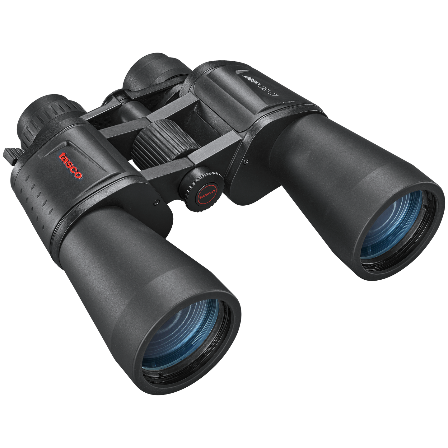 Front right view of Essentials black binoculars with a Tasco logo in red on a transparent background