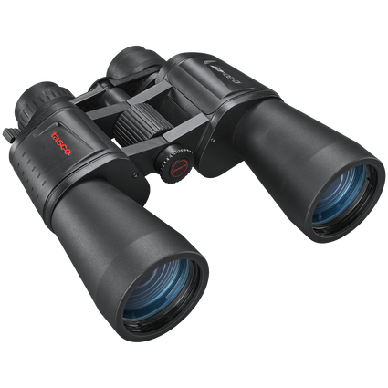 Front right view of Essentials black binoculars with a Tasco logo in red on a transparent background